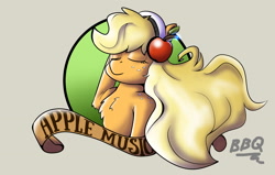Size: 2998x1909 | Tagged: safe, artist:gryphon bbq, artist:wirlog, imported from derpibooru, applejack, earth pony, pony, chest fluff, eyes closed, female, flowing mane, headphones, loose hair, mare, solo