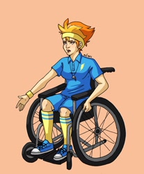 Size: 1704x2055 | Tagged: safe, artist:ameliacostanza, imported from derpibooru, spitfire, human, clothes, converse, humanized, orange background, shirt, shoes, shorts, simple background, solo, wheelchair