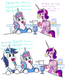 Size: 897x1072 | Tagged: safe, artist:jargon scott, imported from derpibooru, princess cadance, princess flurry heart, shining armor, alicorn, pony, unicorn, :d, apron, bipedal, cadance is not amused, chalice, clothes, comic, cute, daughters gonna daughter, father and child, father and daughter, fathers gonna father, female, flurrybetes, food, glasses, housewife, husband and wife, like father like daughter, like parent like child, macaroni, male, mare, mother and child, mother and daughter, naked apron, necktie, nerd, nerdy heart, older, older flurry heart, oven mitts, pasta, shining adorable, smiling, spongebob squarepants, stallion, sweater, unamused