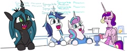 Size: 1327x536 | Tagged: safe, artist:jargon scott, artist:tjpones, artist:tjpones edits, edit, imported from derpibooru, princess cadance, princess flurry heart, queen chrysalis, shining armor, alicorn, changeling, changeling queen, pony, unicorn, :d, apron, bipedal, cadance is not amused, chalice, clothes, comic, cute, cutealis, father and child, father and daughter, female, flurrybetes, food, glasses, horn, housewife, husband and wife, implied chrysarmordance, implied infidelity, implied shining chrysalis, implied shipping, implied straight, like father like daughter, like parent like child, long horn, macaroni, male, mare, mother and child, mother and daughter, necktie, nerd, nerdy heart, older, older flurry heart, oven mitts, pasta, sharp teeth, shining adorable, smiling, spongebob squarepants, stallion, sweater, sweet dreams fuel, teeth, unamused