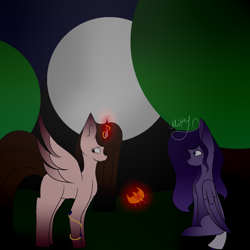 Size: 1400x1400 | Tagged: safe, artist:thecommandermiky, imported from derpibooru, oc, alicorn, pegasus, alicorn oc, forest, horn, moon, old art, pegasus oc, shy, wings