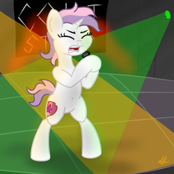 Size: 1200x1200 | Tagged: safe, artist:dafiltafish, imported from derpibooru, sweetie belle, pony, unicorn, alternate hairstyle, belly button, bipedal, female, filly, microphone, rock (music), rock star, singing, solo, spotlight, teenager
