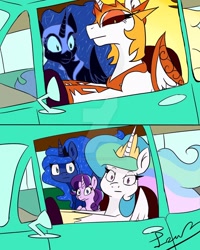 Size: 1280x1600 | Tagged: safe, artist:jynsherlock, imported from derpibooru, daybreaker, nightmare moon, princess celestia, princess luna, starlight glimmer, alicorn, pony, unicorn, a royal problem, 2 panel comic, car, comic, driving, meme