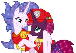 Size: 1556x1080 | Tagged: safe, artist:徐詩珮, imported from derpibooru, fizzlepop berrytwist, tempest shadow, oc, oc:aurora (tempest's mother), alicorn, series:sprglitemplight diary, series:sprglitemplight life jacket days, series:springshadowdrops diary, series:springshadowdrops life jacket days, alicornified, alternate universe, clothes, female, lifejacket, marshall (paw patrol), mother and child, mother and daughter, older, older tempest shadow, paw patrol, race swap, simple background, tempesticorn, transparent background
