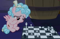 Size: 714x470 | Tagged: safe, imported from derpibooru, screencap, cozy glow, pony, the summer sun setback, barrel, chess, chessboard, cropped, solo