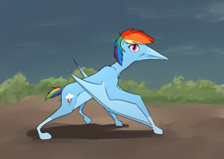 Size: 1052x744 | Tagged: safe, anonymous artist, artist:whiskeypanda, imported from derpibooru, rainbow dash, dinosaur, hybrid, pony, pterodactyl, pterosaur, /mlp/, drawthread, ponified, ponified animal photo, pterodash, requested art, solo, species swap, spread wings, wings