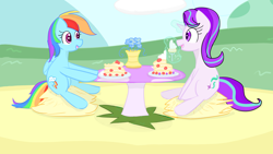 Size: 1920x1080 | Tagged: safe, artist:nozukz, imported from derpibooru, rainbow dash, starlight glimmer, pegasus, pony, unicorn, /mlp/, drawthread, duo, eating, food, pancakes, requested art