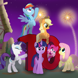 Size: 4000x4000 | Tagged: safe, artist:pizzamovies, imported from derpibooru, applejack, fluttershy, pinkie pie, rainbow dash, rarity, twilight sparkle, alicorn, earth pony, pegasus, pony, unicorn, 10, bipedal, celebration, female, fireworks, happy birthday mlp:fim, looking at you, mane six, mlp fim's tenth anniversary, show accurate, smiling, stars, twilight sparkle (alicorn)