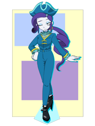 Size: 1668x2224 | Tagged: safe, artist:batipin, imported from derpibooru, rarity, equestria girls, alternate hairstyle, boots, clothes, female, gameloft, gameloft interpretation, geometric background, hat, high heel boots, navy, one eye closed, shoes, solo, tricorne, wink