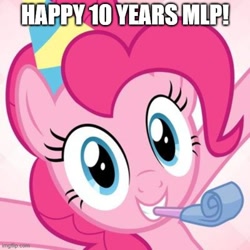 Size: 500x500 | Tagged: safe, derpibooru exclusive, edit, edited screencap, editor:icey-wicey-1517, editor:icicle-wicicle-1517, imported from derpibooru, screencap, pinkie pie, earth pony, pony, 10, caption, cute, diapinkes, female, grin, happy birthday mlp:fim, hat, image macro, imgflip, looking at you, mare, meme, mlp fim's tenth anniversary, party hat, party horn, smiling, smiling at you, solo, text