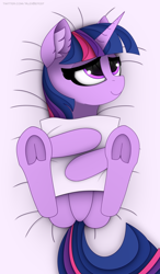 Size: 1280x2195 | Tagged: safe, artist:alexbefest, imported from derpibooru, twilight sparkle, alicorn, pony, unicorn, adorkable, art, body pillow, cute, dakimakura cover, dork, ear fluff, frog (hoof), lying down, on back, solo, twiabetes, twilight sparkle (alicorn), underhoof