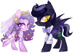 Size: 488x353 | Tagged: safe, artist:misspinka, imported from derpibooru, oc, oc only, oc:dr. philter, oc:sweet stars, bat pony, pony, bowtie, clothes, female, male, mare, shirt, simple background, stallion, transparent background, veil, vest