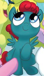 Size: 596x1022 | Tagged: safe, artist:amy mebberson, artist:amymebberson, artist:jay fosgitt, idw, imported from derpibooru, heart throb, spitfire, pegasus, pony, spoiler:comic, spoiler:comicff11, cloudsdale, cropped, cute, female, filly, g1, g1 to g4, g4, generation leap, offscreen character, smiling, solo focus, unnamed character, unnamed pony