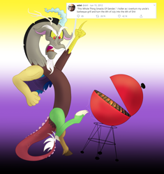 Size: 2216x2357 | Tagged: safe, artist:sixes&sevens, imported from derpibooru, discord, draconequus, angry, dril, gender, grill, kicking, meta, nonbinary, nonbinary pride flag, open mouth, pride, pride flag, speech bubble, twitter, vulgar