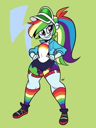 Size: 1024x1365 | Tagged: dead source, safe, artist:justindurden, imported from derpibooru, rainbow dash, equestria girls, equestria girls series, festival filters, spoiler:eqg series (season 2), clothes, female, hand on hip, hands on hip, looking at you, music festival outfit, ponytail, rainbow socks, shorts, smiling, socks, solo, striped socks, thighs, wide hips