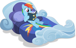 Size: 9374x6000 | Tagged: safe, artist:frownfactory, imported from derpibooru, rainbow dash, pegasus, pony, read it and weep, .svg available, bed, book, cloud, female, mare, simple background, solo, transparent background, vector