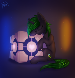 Size: 2600x2703 | Tagged: safe, artist:xanter, imported from derpibooru, oc, oc only, oc:soft spring, pony, unicorn, abstract background, companion cube, crossover, cube, cute, ear fluff, eyes closed, female, high res, horn, mare, neon, ocbetes, portal, portal (valve), portal 2, sleeping, solo, solo female, unicorn oc