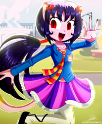Size: 1784x2163 | Tagged: safe, artist:the-butch-x, imported from derpibooru, oc, oc only, oc:cassey, cat, equestria girls, catgirl, clothes, female, happy, open mouth, red eyes, signature, skirt, solo