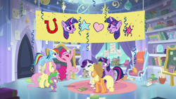 Size: 1920x1080 | Tagged: safe, imported from derpibooru, screencap, applejack, fluttershy, pinkie pie, rainbow dash, rarity, spike, twilight sparkle, alicorn, dragon, the ending of the end, banner, book, chalkboard, confetti, mane seven, mane six, twilight sparkle (alicorn), winged spike, wings