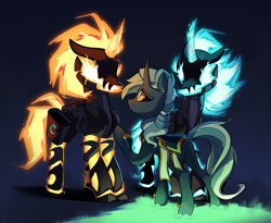 Size: 3320x2720 | Tagged: safe, artist:kaleido-art, imported from derpibooru, oc, oc only, oc:appolonia, pony, comic:the lost sun, armor, blue fire, commission, digital painting, fire, glowing eyes, magicorn, reunion, trio