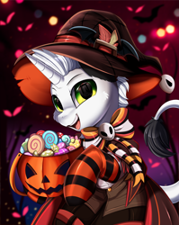 Size: 2550x3209 | Tagged: safe, artist:pridark, imported from derpibooru, part of a set, oc, oc only, oc:ghost note, pony, candy, clothes, commission, food, halloween, hat, high res, holiday, horn, jack-o-lantern, open mouth, pumpkin, raffle winner, socks, solo, striped socks, unknown species, witch hat, ych result