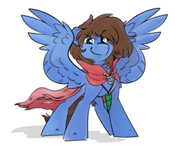 Size: 795x677 | Tagged: safe, artist:mulberrytarthorse, artist:sugar morning, imported from derpibooru, oc, oc only, oc:bizarre song, pegasus, pony, broken horn, cape, clothes, eyebrows, eyebrows visible through hair, feathered wings, horn, jewelry, looking at you, male, messy mane, necklace, simple background, smiling, smirk, solo, solo male, spread wings, stallion, standing, white background, wings