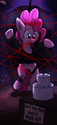 Size: 1080x2340 | Tagged: safe, artist:mjsw, imported from derpibooru, pinkie pie, earth pony, pony, cake, female, food, heist, laser, mare, robbery, solo, worried