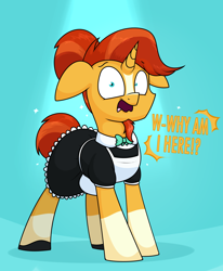 Size: 1400x1700 | Tagged: safe, artist:moonatik, imported from derpibooru, sunburst, pony, unicorn, adorable distress, apron, blaze (coat marking), blue background, bowtie, clothes, coat markings, crossdressing, cute, dialogue, dress, facial hair, facial markings, female, floppy ears, frown, goatee, hair bun, looking at you, maid, male, mane bun, mare, shoes, simple background, skirt, socks (coat markings), solo, sparkles, spotlight, stallion, sunbetes, surprised, tail bun, talking to viewer, tights, wavy mouth, wide eyes