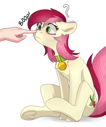 Size: 2500x3000 | Tagged: safe, artist:chibadeer, imported from derpibooru, roseluck, earth pony, human, pony, behaving like a cat, blushing, boop, chest fluff, collar, commissioner:doom9454, confused, cute, cuteluck, daaaaaaaaaaaw, ear fluff, female, floppy ears, fluffy, frown, hand, high res, mare, neck fluff, pet tag, pony pet, question mark, rosabetes, rosepet, shoulder fluff, simple background, sitting, solo focus, underhoof, white background, wide eyes