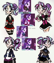 Size: 1747x2015 | Tagged: safe, artist:citi, imported from derpibooru, starlight glimmer, human, pony, clothes, cute, dress, ear piercing, edgelight glimmer, fishnets, gameloft, gameloft interpretation, glimmerbetes, goth, humanized, makeup, piercing, skull, smiling, socks, solo, thigh highs, uwu, video game