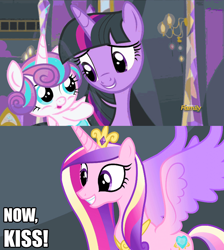 Size: 1024x1142 | Tagged: safe, edit, edited screencap, imported from derpibooru, screencap, princess cadance, princess flurry heart, twilight sparkle, alicorn, pony, a flurry of emotions, aunt and niece, female, fillycon, flurrylight, in-laws, incest, lesbian, mother and child, mother and daughter, now kiss, pedophilia, princess of shipping, shipping, twilight sparkle (alicorn), twilight's castle