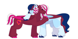 Size: 1280x640 | Tagged: safe, artist:itstechtock, imported from derpibooru, oc, oc only, oc:love ribbons, oc:ruby, pegasus, pony, female, hug, mare, simple background, transparent background, two toned wings, wings