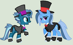 Size: 1226x752 | Tagged: safe, artist:jadeharmony, artist:jadethepegasus, artist:twidashfan1234, imported from derpibooru, oc, oc only, oc:twinkle mint, oc:wondermint, pony, unicorn, icey-verse, base used, bowtie, clothes, coat, duo, female, gray background, hat, high heels, hoof shoes, magical lesbian spawn, mare, multicolored hair, offspring, open mouth, parent:minuette, parent:trixie, parents:minixie, raised hoof, shirt, shoes, siblings, simple background, sisters, socks, suit, top hat