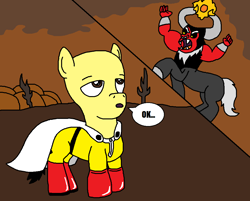 Size: 1051x847 | Tagged: safe, artist:logan jones, imported from derpibooru, lord tirek, centaur, pony, twilight's kingdom, 2 panel comic, comic, ok, one punch man, ponified, saitama, this will end in death, this will end in one punch, tirek is doomed