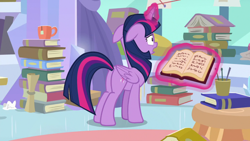 Size: 1920x1080 | Tagged: safe, imported from derpibooru, screencap, twilight sparkle, alicorn, pony, the ending of the end, book, butt, ears back, female, floppy ears, magic, mare, plot, solo, telekinesis, twibutt, twilight sparkle (alicorn)