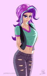 Size: 1200x1920 | Tagged: safe, artist:cherrymocaccino, artist:zuko42, imported from derpibooru, starlight glimmer, human, art pack:music album 'e.g.8 themes', equestria girls, arm behind back, belly button, cap, clothes, hand on hip, hat, jeans, looking at you, pants, shirt, solo, vest