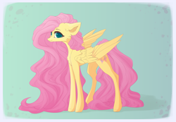 Size: 1280x884 | Tagged: safe, artist:justeuge, imported from derpibooru, fluttershy, pegasus, pony, blushing, cheek fluff, chest fluff, colored pupils, ear fluff, female, floppy ears, looking at you, mare, solo, standing, three quarter view, wings