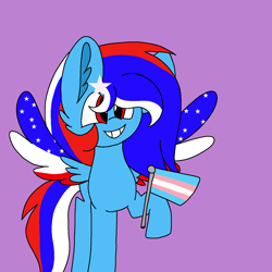 Size: 1378x1378 | Tagged: safe, artist:circuspaparazzi5678, imported from derpibooru, oc, oc only, oc:liberty, pegasus, pony, female, grin, hoof hold, mare, multicolored hair, pride, pride flag, purple background, simple background, smiling, solo, trans female, trans girl, transgender, transgender pride flag
