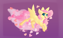 Size: 1280x789 | Tagged: safe, artist:justeuge, imported from derpibooru, fluttershy, butterfly, pegasus, pony, blush sticker, blushing, cheek fluff, cute, female, flying, looking at you, mare, open mouth, shyabetes, smiling, solo, spread wings, three quarter view, wings