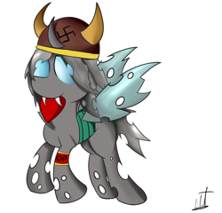 Size: 1680x1615 | Tagged: safe, artist:almaustral, imported from derpibooru, oc, oc only, changeling, changeling oc, helmet, horned helmet, nazi, pagan, signature, simple background, solo, swastika, viking helmet, white background