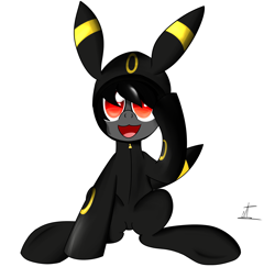 Size: 2300x2233 | Tagged: safe, artist:almaustral, imported from derpibooru, oc, oc only, earth pony, pony, umbreon, :d, clothes, costume, earth pony oc, kigurumi, open mouth, pokémon, signature, simple background, smiling, solo, white background