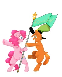 Size: 785x960 | Tagged: artist needed, safe, imported from derpibooru, pinkie pie, earth pony, pony, crossover, duo, eye contact, flag, hashtag, hat, looking at each other, ponified, savewoy, simple background, sweet dreams fuel, wander (wander over yonder), wander over yonder, white background