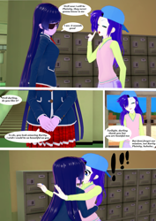 Size: 2971x4200 | Tagged: safe, artist:legions20, imported from derpibooru, rarity, twilight sparkle, human, comic:closet adventures, equestria girls, 3d, alternate hairstyle, clothes, comic, disguise, eyepatch, eyepatch (disguise), female, kissing, koikatsu, lesbian, plainity, rarilight, school uniform, shipping, surprise kiss, surprised