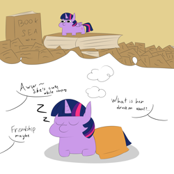 Size: 5315x5315 | Tagged: safe, artist:depressant, artist:thatsbadboi, imported from derpibooru, twilight sparkle, alicorn, pony, absurd resolution, blanket, book, comic, dialogue, eyes closed, female, mare, offscreen character, onomatopoeia, simple background, sleeping, solo, sound effects, squatpony, that pony sure does love books, twiggie, twilight sparkle (alicorn), z, zzz