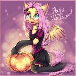 Size: 2000x2000 | Tagged: safe, artist:zefirka, imported from derpibooru, fluttershy, pegasus, semi-anthro, ^w^, abstract background, bodice, clothes, costume, dress, ear fluff, evening gloves, fishnets, glasses, gloves, hair accessory, halloween, halloween costume, holiday, jack-o-lantern, kneeling, long gloves, looking at you, open mouth, pumpkin, round glasses, sitting, smiling, socks, solo, spread wings, stockings, thigh highs, three quarter view, underhoof, wings