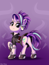 Size: 4000x5300 | Tagged: safe, artist:lilclim, imported from derpibooru, starlight glimmer, pony, unicorn, absurd resolution, alternate hairstyle, butt, clothes, ear fluff, ear piercing, earring, edgelight glimmer, female, gameloft interpretation, glimmer glutes, jewelry, looking at you, looking back, looking back at you, mare, piercing, plot, punk, smiling, solo