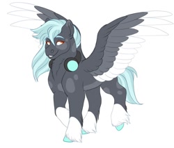 Size: 1024x871 | Tagged: safe, artist:uunicornicc, imported from derpibooru, oc, oc only, pegasus, pony, colored wings, headphones, male, multicolored wings, offspring, parent:limestone pie, parent:thunderlane, parents:thunderstone, simple background, solo, stallion, white background, wings