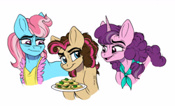 Size: 6456x3972 | Tagged: safe, artist:celestial-rainstorm, imported from derpibooru, cup cake, sugar belle, oc, oc:confetti cake, pony, absurd resolution, cookie, food, offspring, older, parent:cheese sandwich, parent:pinkie pie, parents:cheesepie, simple background, white background