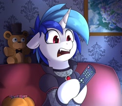 Size: 4096x3556 | Tagged: safe, artist:feital-zebra, artist:felixf, imported from derpibooru, dj pon-3, vinyl scratch, bear, pony, unicorn, vampire, vampony, candy, clothes, costume, couch, crossover, dress, fangs, female, five nights at freddy's, food, freddy fazbear, halloween, holding, holiday, mare, open mouth, plushie, pumpkin, remote control, shocked, solo, surprised