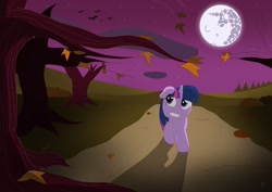 Size: 1024x724 | Tagged: safe, artist:fskindness, imported from derpibooru, twilight sparkle, bat, pony, female, halloween, happy birthday mlp:fim, holiday, leaves, mare in the moon, mlp fim's tenth anniversary, moon, night, scared, solo, spooky, tree, tree branch